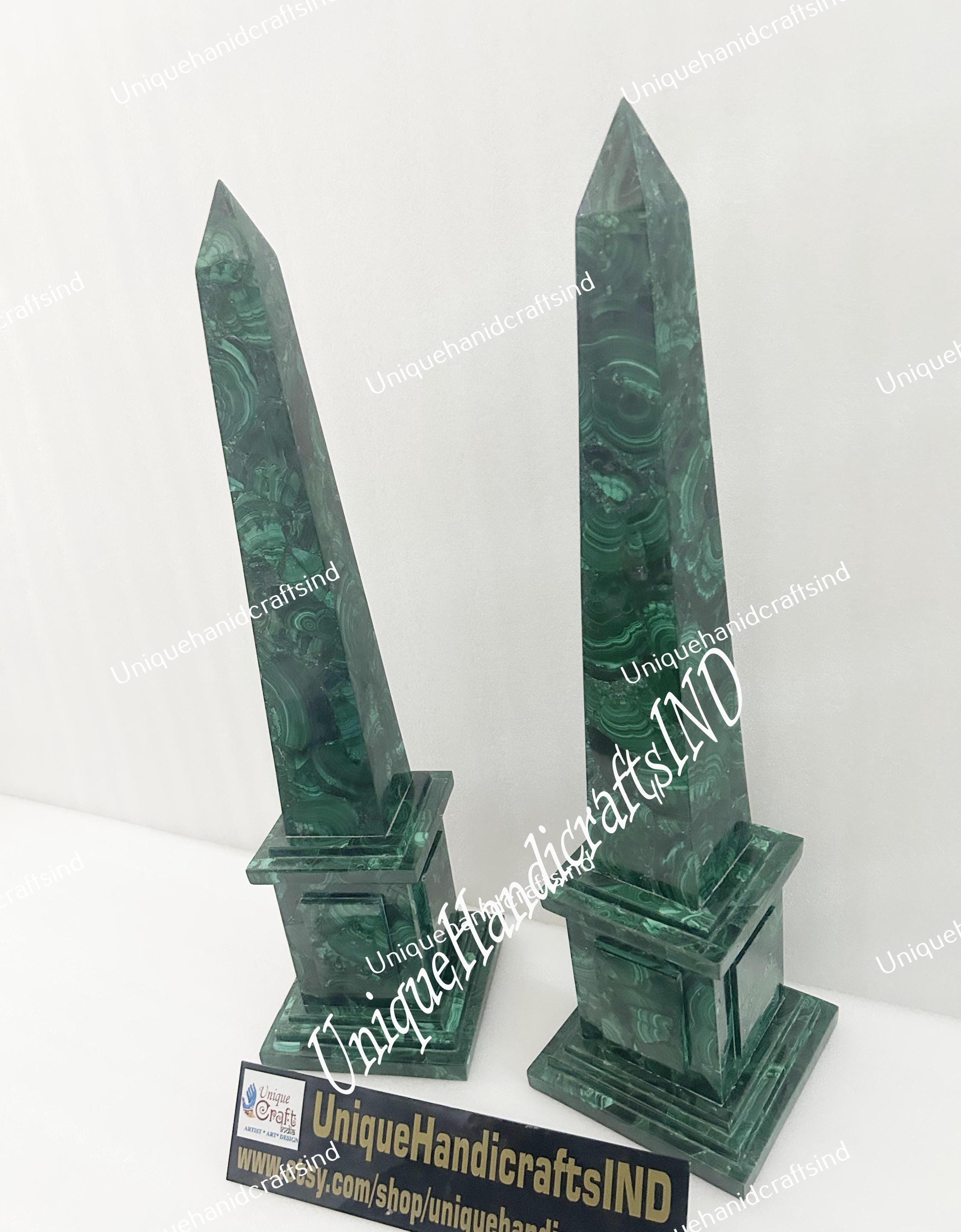 Large Genuine Polished Malachite Obelisks – Set of 2 | Unique Semi-Precious Stone Inlay Decor Unique Handicrafts IND