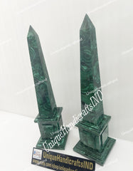 Large Genuine Polished Malachite Obelisks – Set of 2 | Unique Semi-Precious Stone Inlay Decor Unique Handicrafts IND