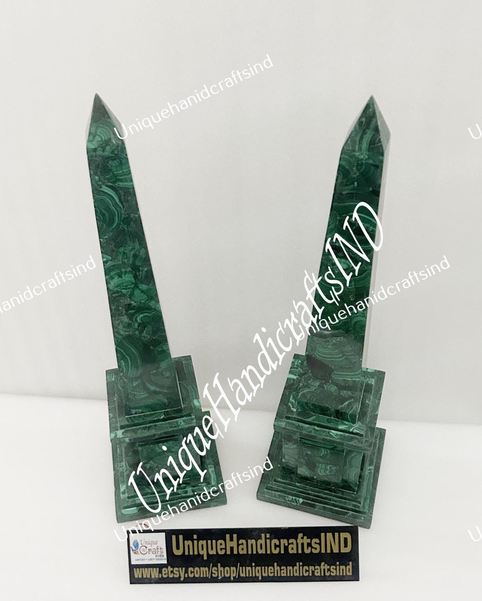 Large Genuine Polished Malachite Obelisks – Set of 2 | Unique Semi-Precious Stone Inlay Decor Unique Handicrafts IND