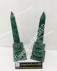 Large Genuine Polished Malachite Obelisks – Set of 2 | Unique Semi-Precious Stone Inlay Decor Unique Handicrafts IND