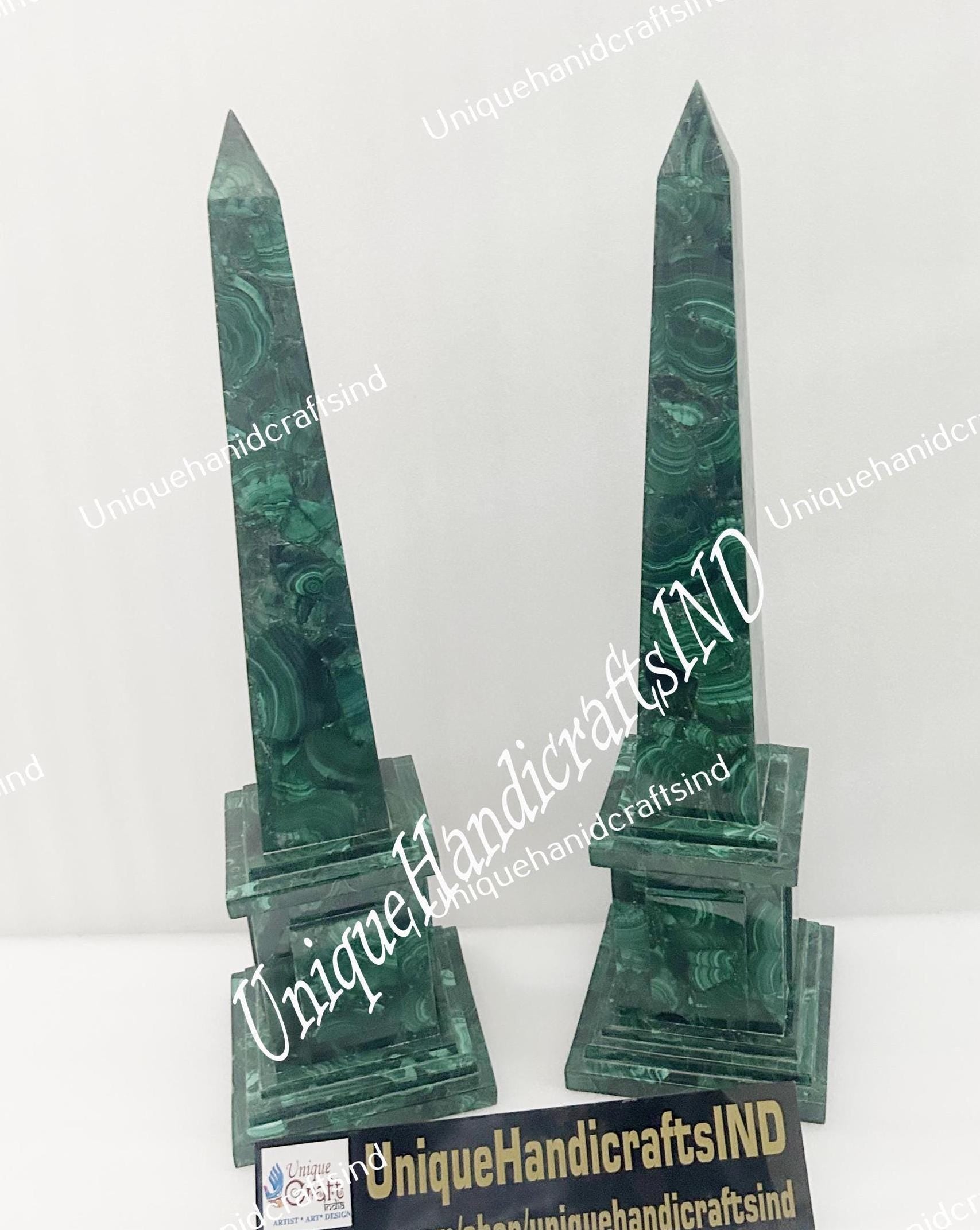 Large Genuine Polished Malachite Obelisks – Set of 2 | Unique Semi-Precious Stone Inlay Decor Unique Handicrafts IND