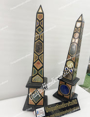 Collectible Black Marble Obelisks – Set of 2 | Handmade Semi-Precious Inlay Showpiece Gift Unique Handicrafts IND