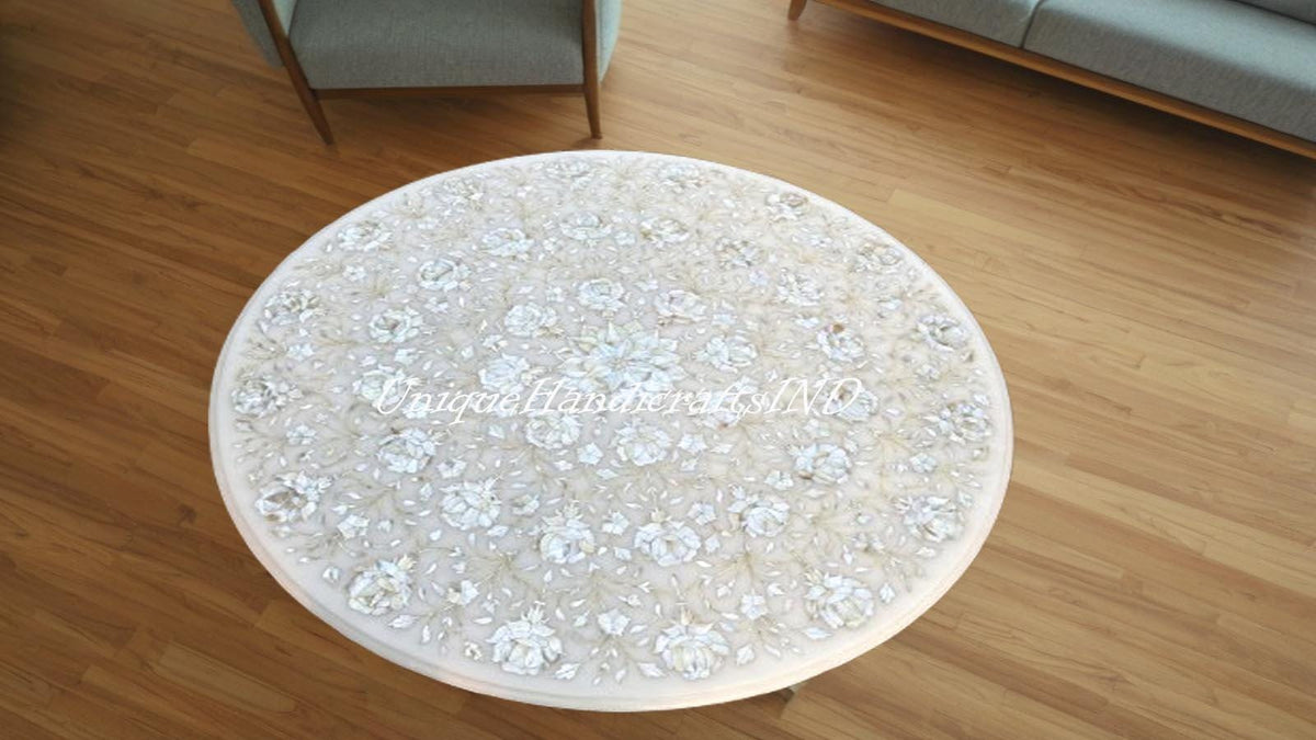 Marble Coffee Table Top with Mother of Pearl Inlay - Handmade Floral Marquetry Stone Art, Luxury Home Decor, Unique Furniture Coffee Table Unique Handicrafts IND