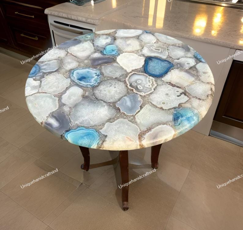 White & Blue Quartz Table – Gemstone Table – Stone Top Table – Luxury Crystal Furniture – Handmade Quartz Slab Table – Unique Home Decor Unique Handicrafts IND