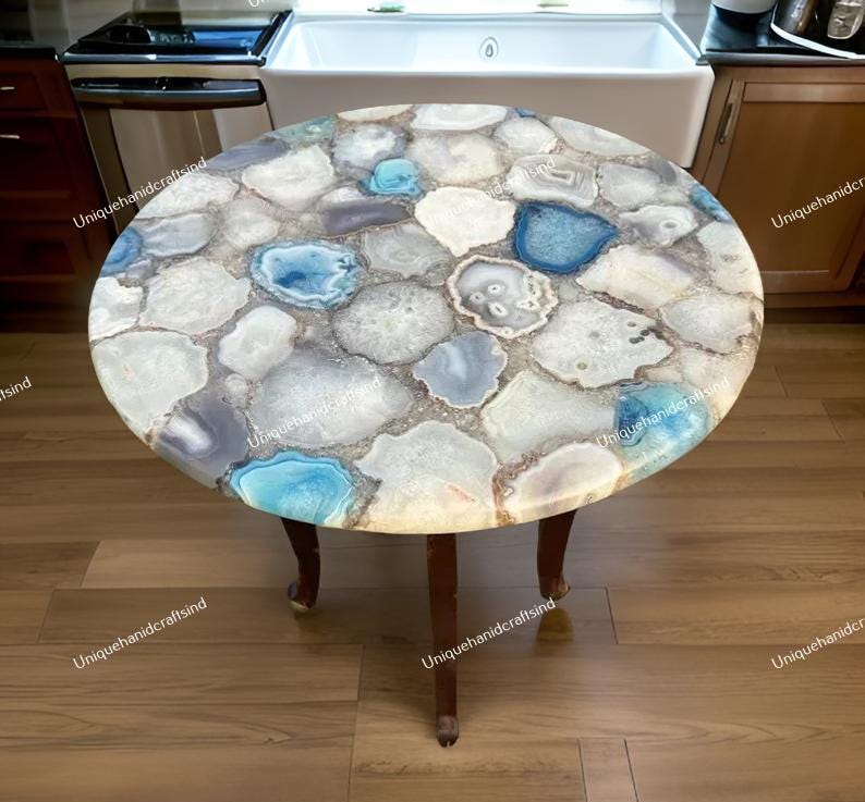 White & Blue Quartz Table – Gemstone Table – Stone Top Table – Luxury Crystal Furniture – Handmade Quartz Slab Table – Unique Home Decor Unique Handicrafts IND
