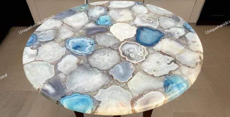 White & Blue Quartz Table – Gemstone Table – Stone Top Table – Luxury Crystal Furniture – Handmade Quartz Slab Table – Unique Home Decor Unique Handicrafts IND