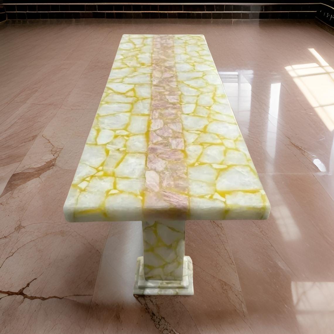 White Agate & Pink Quartz Stone Coffee Table – Luxury Quartz Dining Table / Backlit Stone Countertop Unique Handicrafts IND