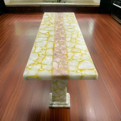 White Agate & Pink Quartz Stone Coffee Table – Luxury Quartz Dining Table / Backlit Stone Countertop Unique Handicrafts IND