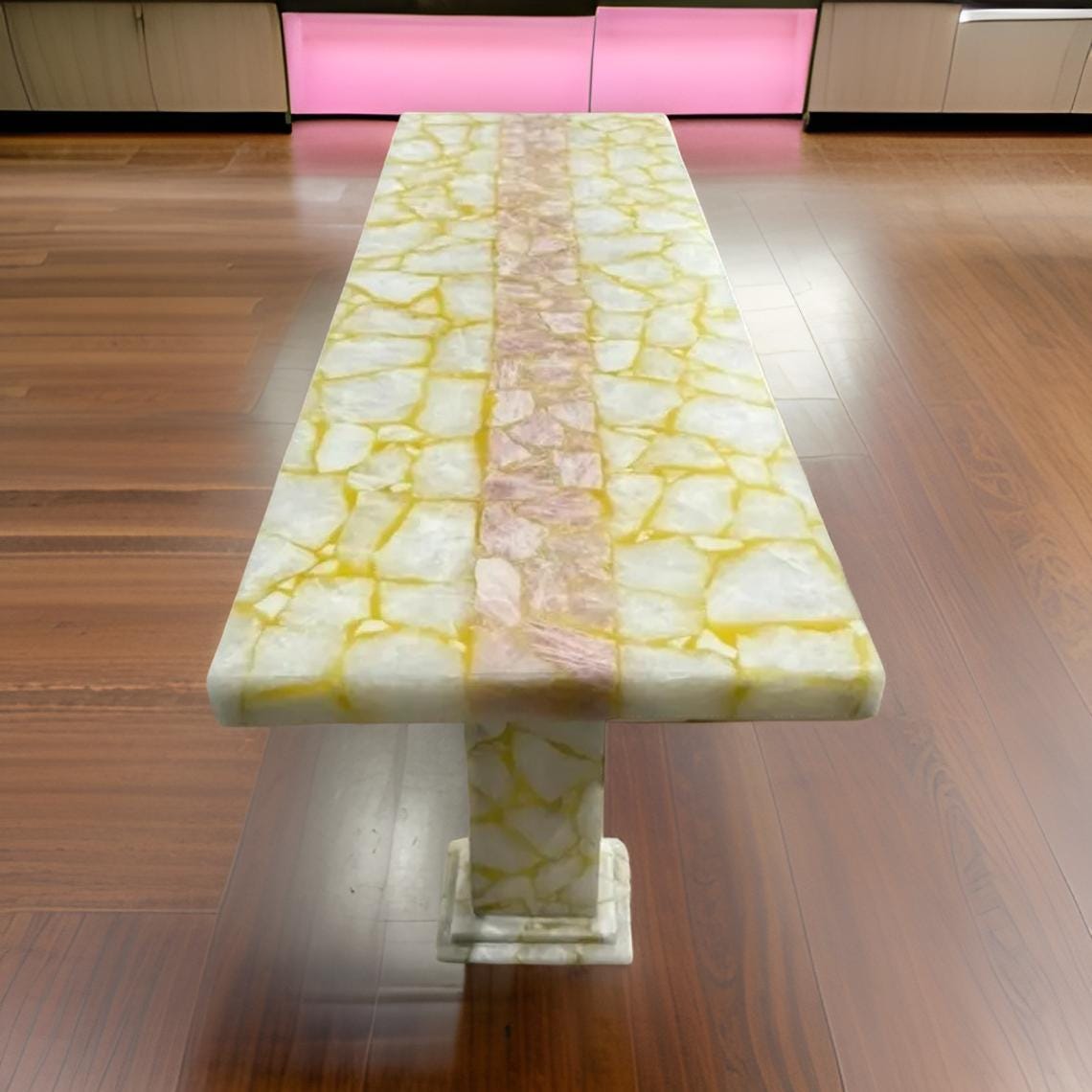 White Agate & Pink Quartz Stone Coffee Table – Luxury Quartz Dining Table / Backlit Stone Countertop Unique Handicrafts IND