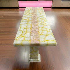 White Agate & Pink Quartz Stone Coffee Table – Luxury Quartz Dining Table / Backlit Stone Countertop Unique Handicrafts IND