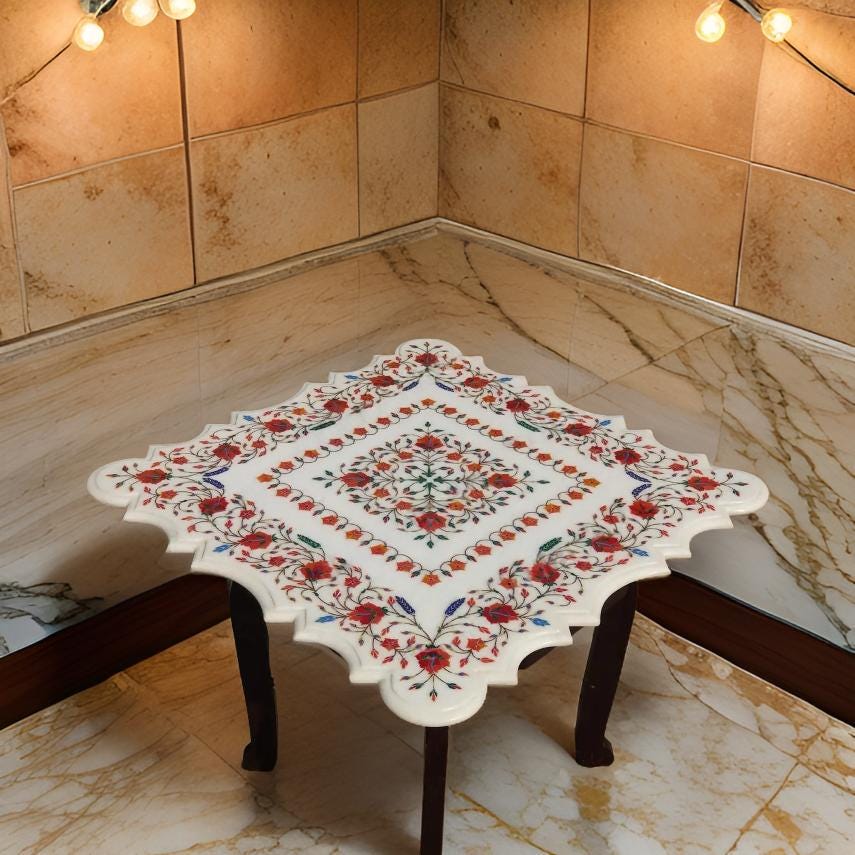 White Marble Coffee Table – Artistic Semi-Precious Stone Inlay, Handmade Indian Pietra Dura Art Unique Handicrafts IND
