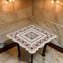 White Marble Coffee Table – Artistic Semi-Precious Stone Inlay, Handmade Indian Pietra Dura Art Unique Handicrafts IND
