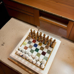 Unique Marble Chess Set | Handcrafted Chess Board Home Decor | Marble Inlay Chess | Luxury Marble Game Set with Pieces Unique Handicrafts IND
