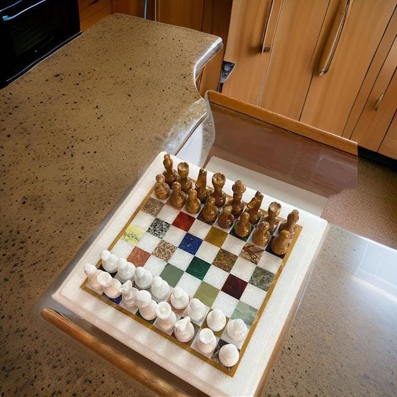 Unique Marble Chess Set | Handcrafted Chess Board Home Decor | Marble Inlay Chess | Luxury Marble Game Set with Pieces Unique Handicrafts IND