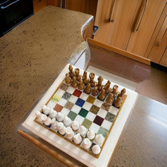 Unique Marble Chess Set | Handcrafted Chess Board Home Decor | Marble Inlay Chess | Luxury Marble Game Set with Pieces Unique Handicrafts IND