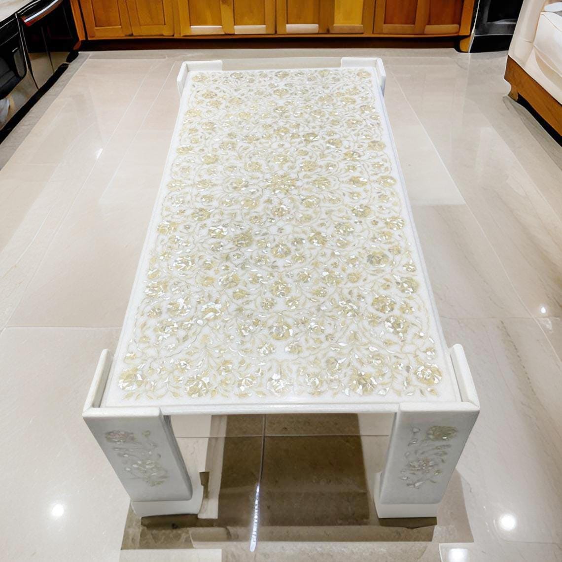 Mother of Pearl Inlay Marble Coffee Table – Luxury Dining Table & Elegant Home Decor Unique Handicrafts IND
