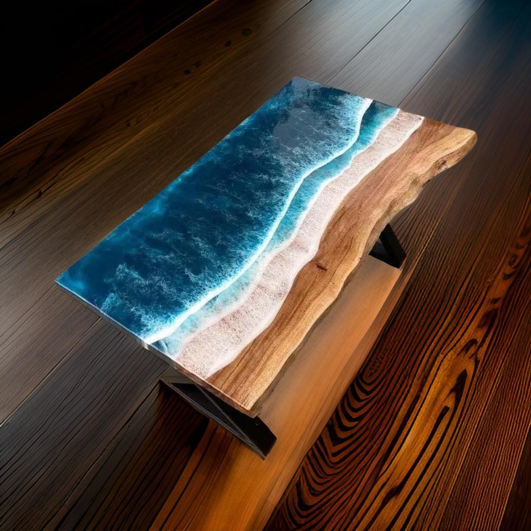 Ocean Wave Epoxy River Table – Live Edge Resin Wood Table, Handmade Home Decor Unique Handicrafts IND