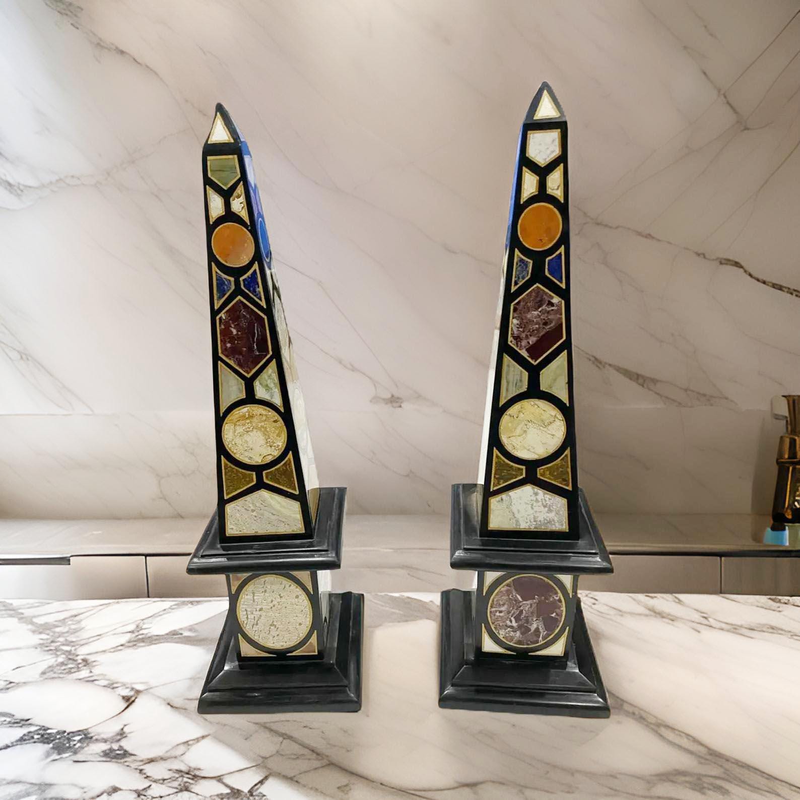 Collectible Black Marble Obelisk Set of 2 - Handmade Semi-Precious Inlay, Luxury Showpiece Gift Unique Handicrafts IND