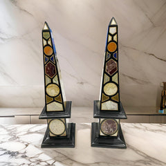 Collectible Black Marble Obelisk Set of 2 - Handmade Semi-Precious Inlay, Luxury Showpiece Gift Unique Handicrafts IND