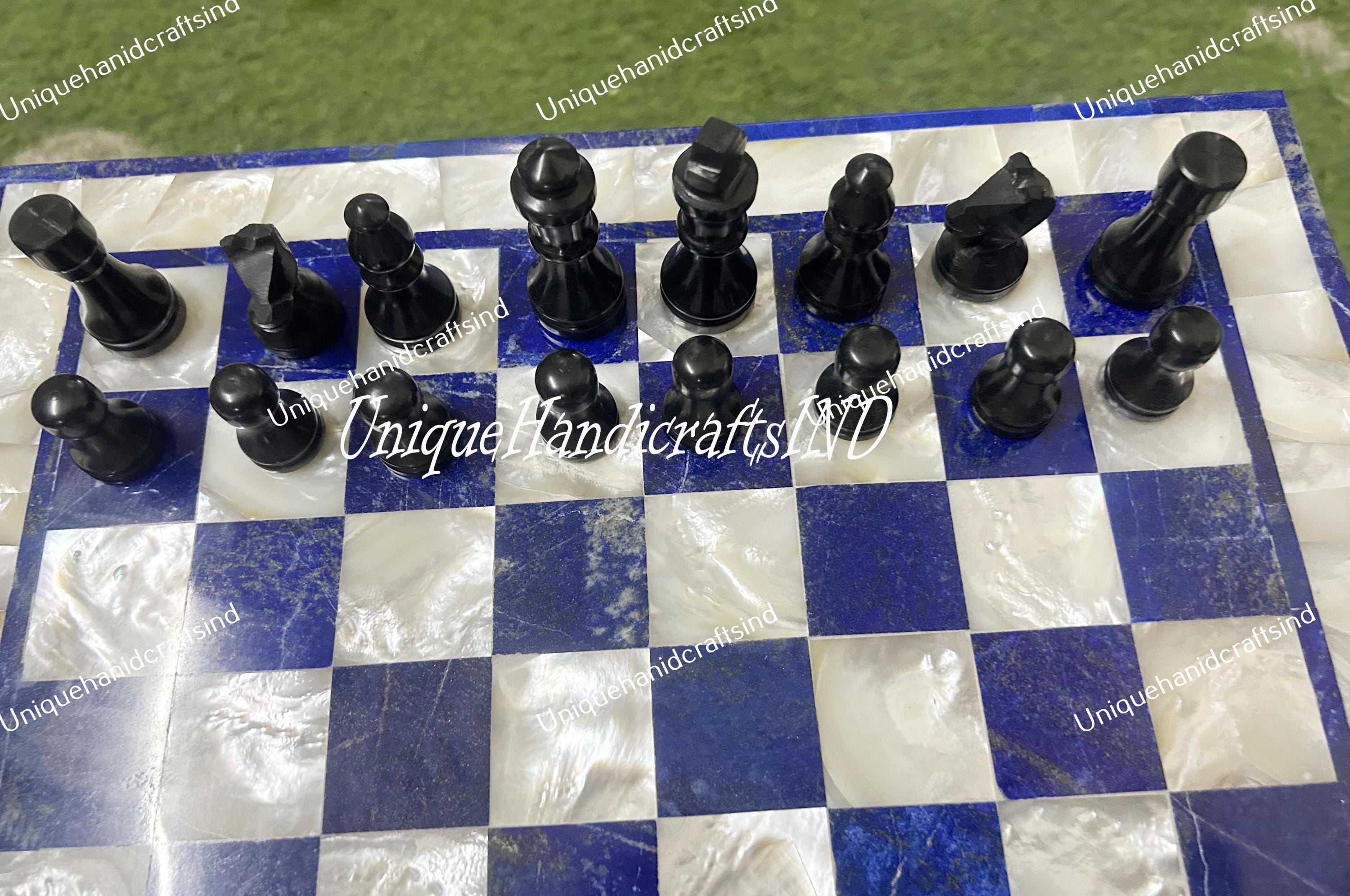 Lapis Lazuli & Mother of Pearl Chess Set - Handmade Stone Chess Board with Pieces, Luxury Chess Set, Decorative Game, Unique Gift Unique Handicrafts IND