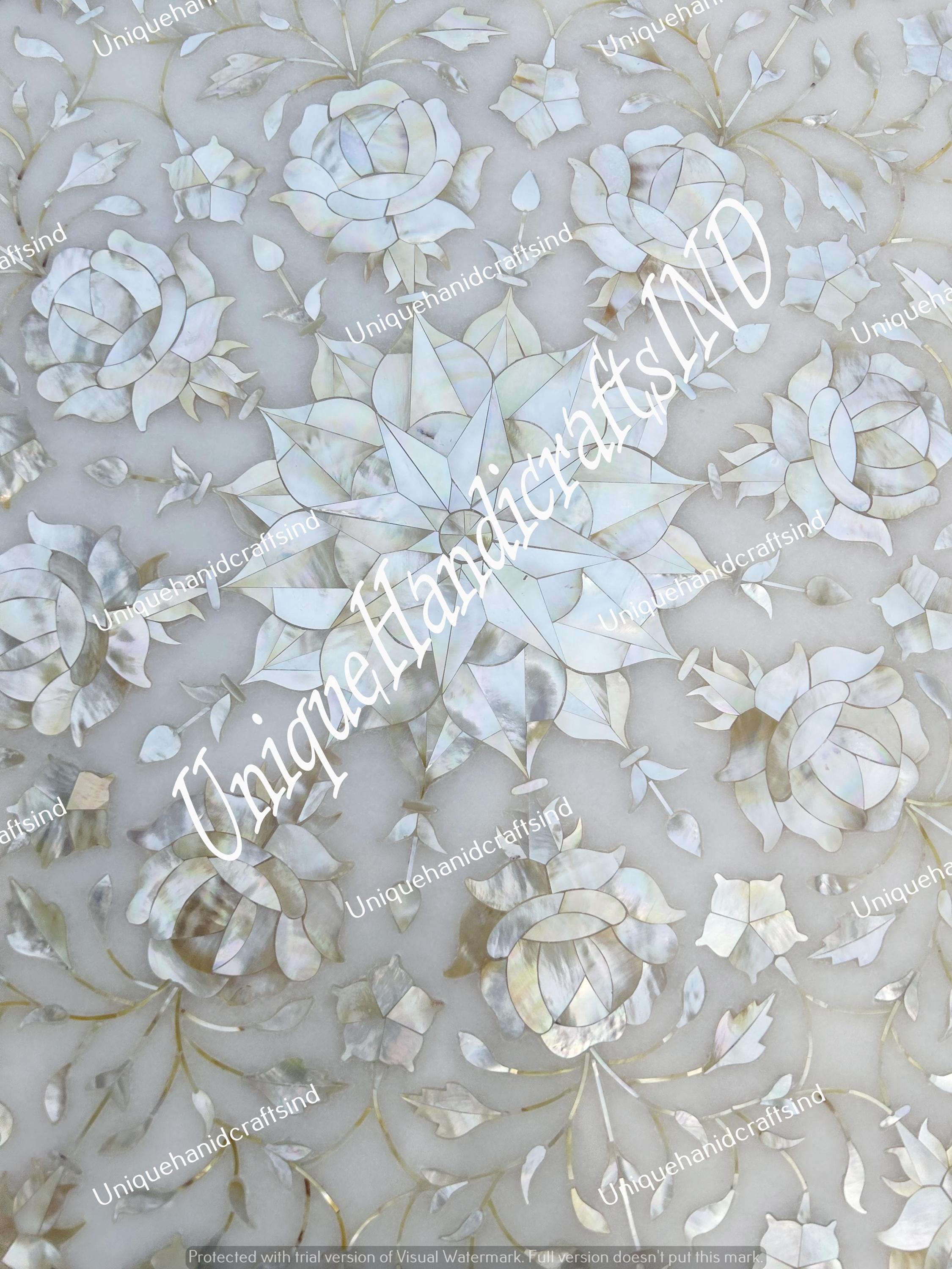 Marble Coffee Table Top with Mother of Pearl Inlay - Handmade Floral Marquetry Stone Art, Luxury Home Decor, Unique Furniture Coffee Table Unique Handicrafts IND