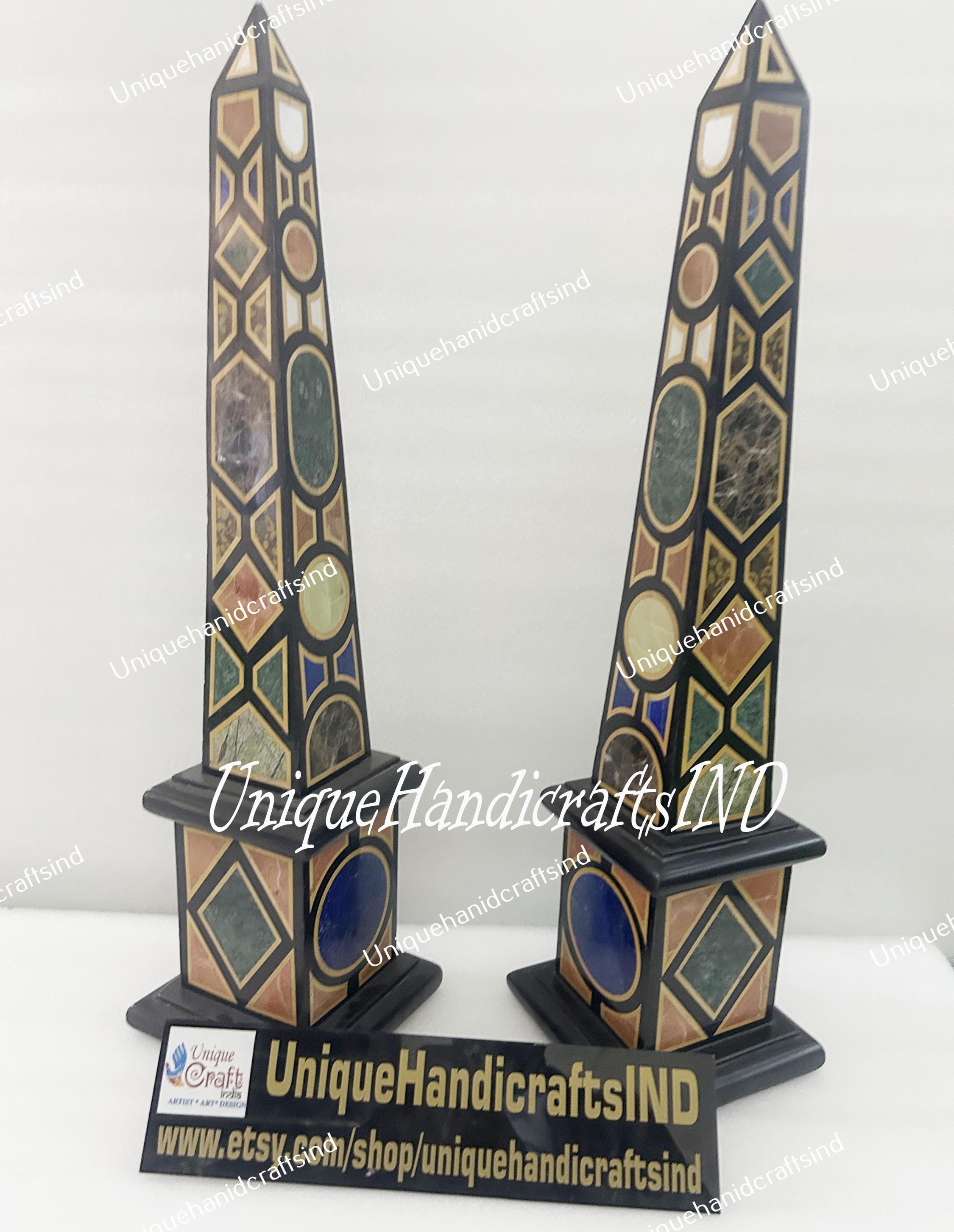 Collectible Black Marble Obelisks – Set of 2 | Handmade Semi-Precious Inlay Showpiece Gift Unique Handicrafts IND