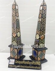 Collectible Black Marble Obelisks – Set of 2 | Handmade Semi-Precious Inlay Showpiece Gift Unique Handicrafts IND