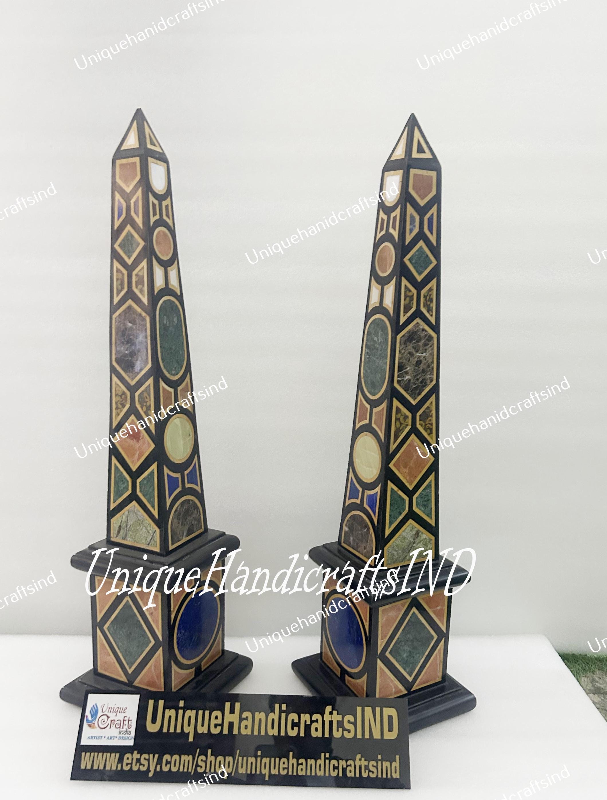 Collectible Black Marble Obelisks – Set of 2 | Handmade Semi-Precious Inlay Showpiece Gift Unique Handicrafts IND