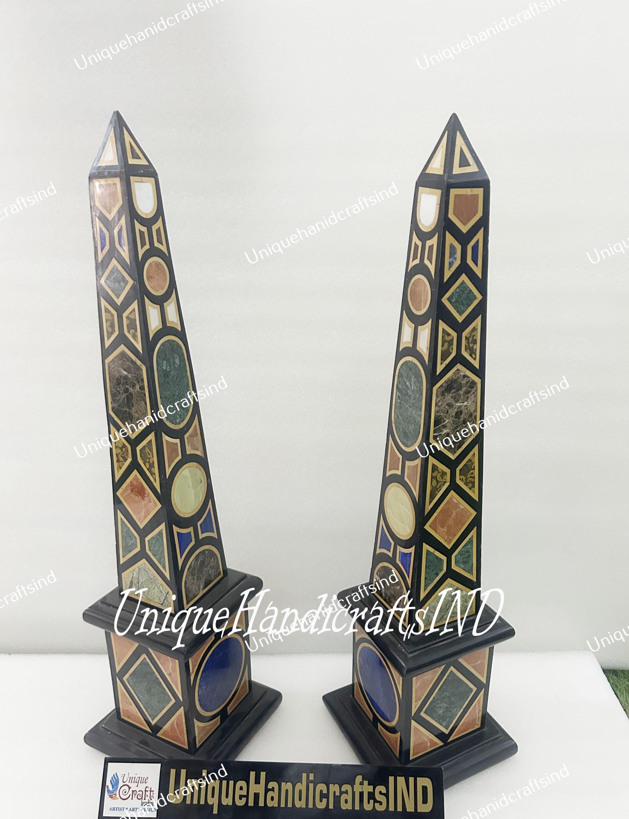 Collectible Black Marble Obelisks – Set of 2 | Handmade Semi-Precious Inlay Showpiece Gift Unique Handicrafts IND