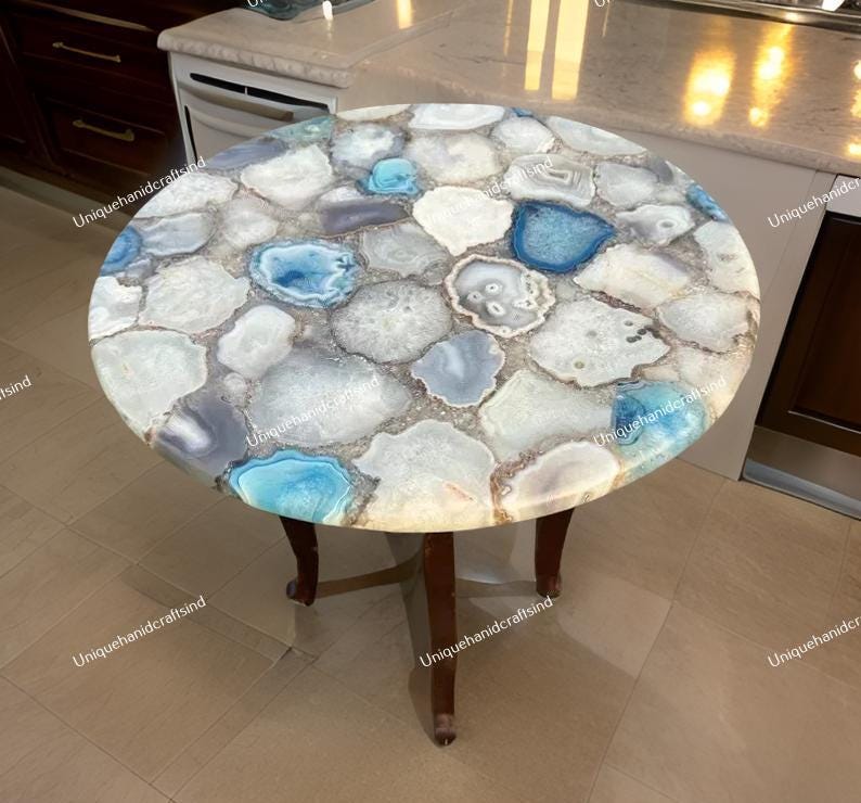 White & Blue Quartz Table – Gemstone Table – Stone Top Table – Luxury Crystal Furniture – Handmade Quartz Slab Table – Unique Home Decor Unique Handicrafts IND