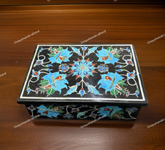 Handmade Black Marble Jewelry Box – Turquoise Inlay – Floral Stone Art – Luxury Storage Box – Unique Gift for Her Unique Handicrafts IND