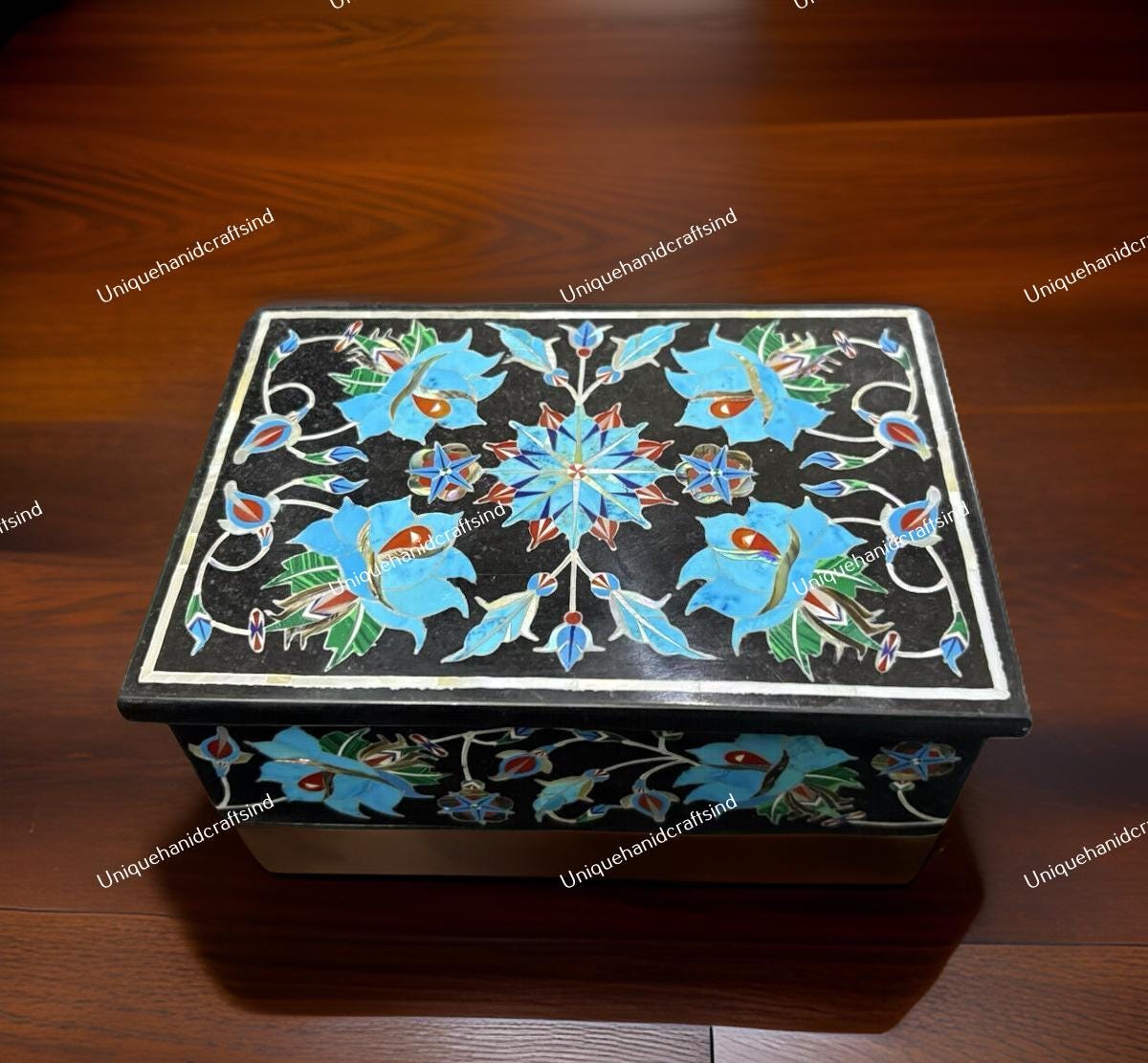 Handmade Black Marble Jewelry Box – Turquoise Inlay – Floral Stone Art – Luxury Storage Box – Unique Gift for Her Unique Handicrafts IND
