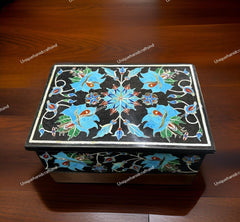 Handmade Black Marble Jewelry Box – Turquoise Inlay – Floral Stone Art – Luxury Storage Box – Unique Gift for Her Unique Handicrafts IND
