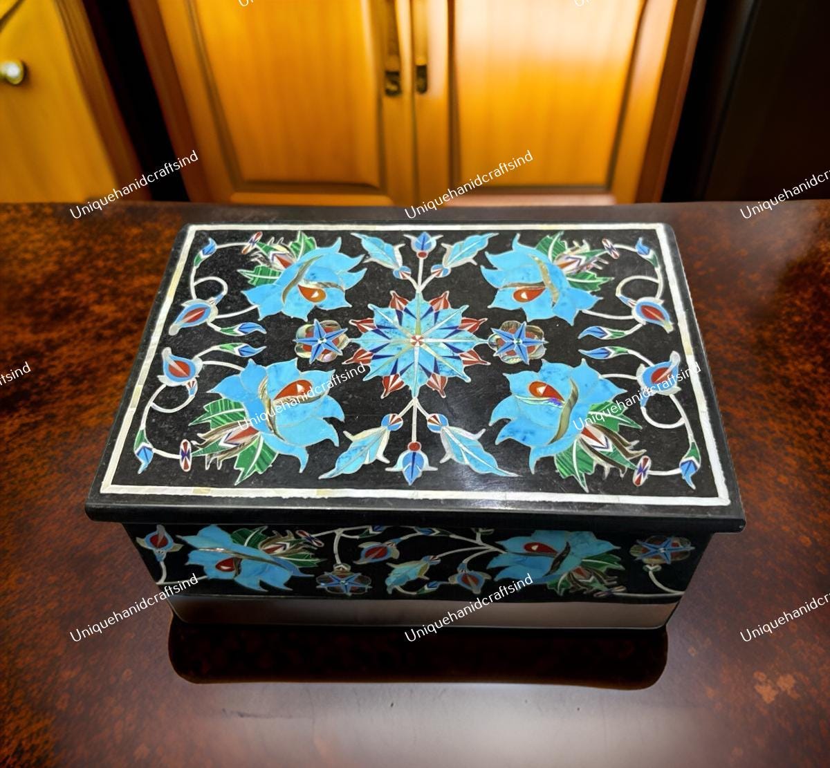 Handmade Black Marble Jewelry Box – Turquoise Inlay – Floral Stone Art – Luxury Storage Box – Unique Gift for Her Unique Handicrafts IND