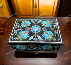 Handmade Black Marble Jewelry Box – Turquoise Inlay – Floral Stone Art – Luxury Storage Box – Unique Gift for Her Unique Handicrafts IND