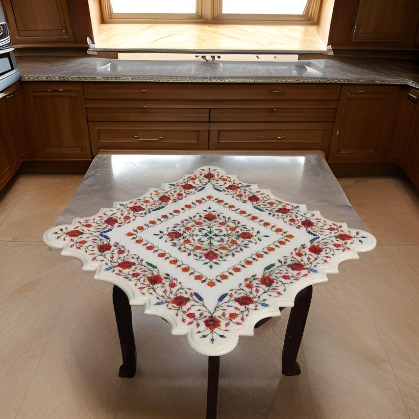White Marble Coffee Table – Artistic Semi-Precious Stone Inlay, Handmade Indian Pietra Dura Art Unique Handicrafts IND