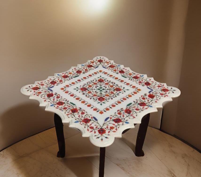 White Marble Coffee Table – Artistic Semi-Precious Stone Inlay, Handmade Indian Pietra Dura Art Unique Handicrafts IND
