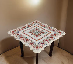 White Marble Coffee Table – Artistic Semi-Precious Stone Inlay, Handmade Indian Pietra Dura Art Unique Handicrafts IND