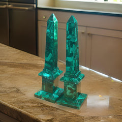 Large Polished Malachite Obelisk Set | Genuine Semi-Precious Stone Inlay Decor | Luxury Stone Art Unique Handicrafts IND