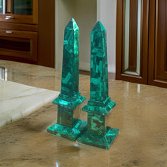 Large Polished Malachite Obelisk Set | Genuine Semi-Precious Stone Inlay Decor | Luxury Stone Art Unique Handicrafts IND