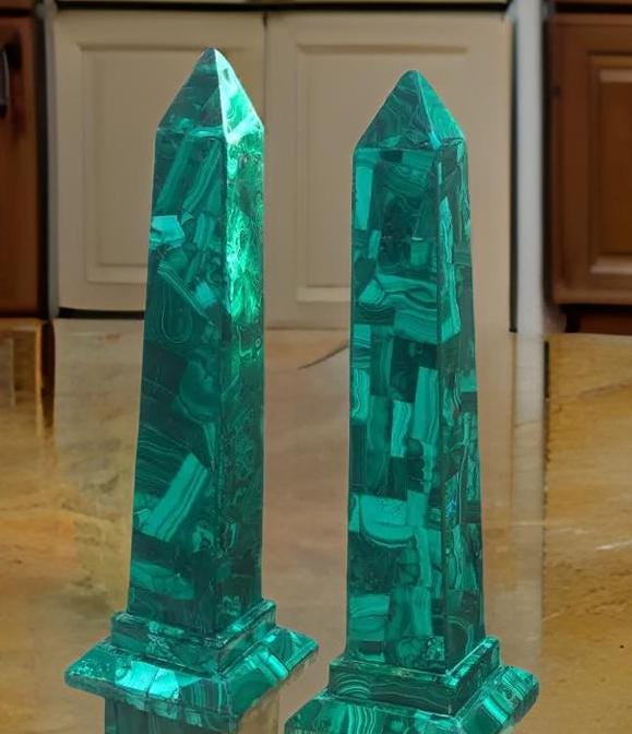 Large Polished Malachite Obelisk Set | Genuine Semi-Precious Stone Inlay Decor | Luxury Stone Art Unique Handicrafts IND