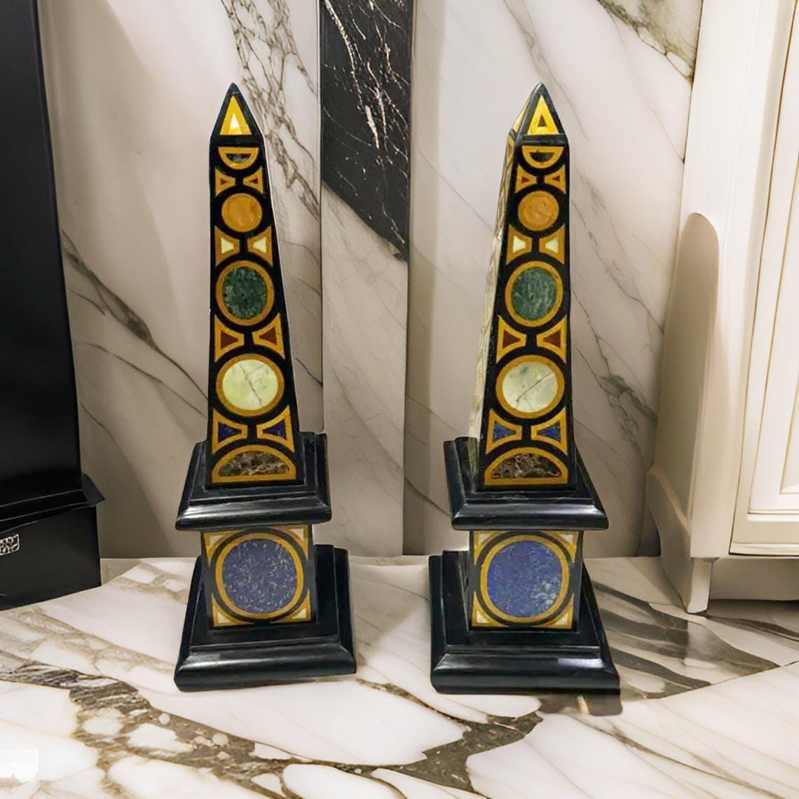 Handmade Stone Art Black Marble Obelisk | Luxury Semi-Precious Stone Decor | Energy Healing Crystal Tower Unique Handicrafts IND
