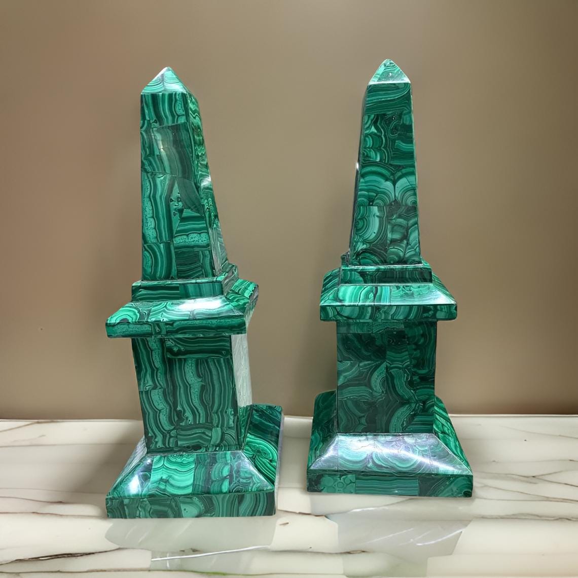Malachite Obelisks Set of 2 | Handmade Marble Obelisk with Overlay Design | Unique Showpiece Living Room Decor Unique Handicrafts IND