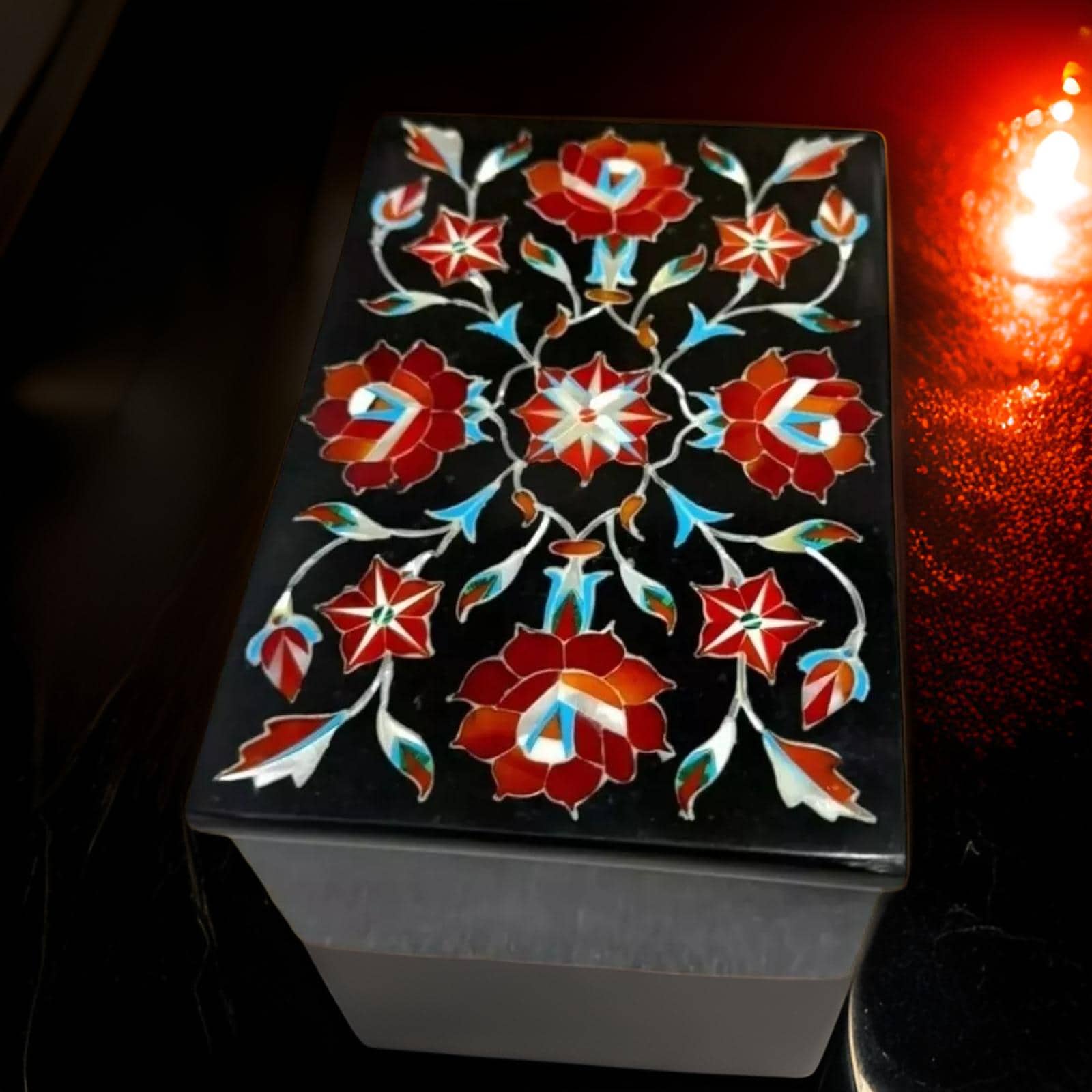 Elegant Marble Jewelry Box – Semi-Precious Stone Inlay, Antique Jewelry Storage Unique Handicrafts IND