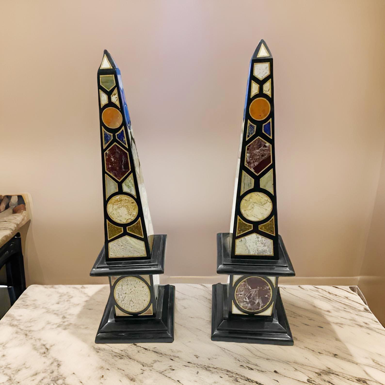 Collectible Black Marble Obelisk Set of 2 - Handmade Semi-Precious Inlay, Luxury Showpiece Gift Unique Handicrafts IND