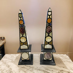 Collectible Black Marble Obelisk Set of 2 - Handmade Semi-Precious Inlay, Luxury Showpiece Gift Unique Handicrafts IND