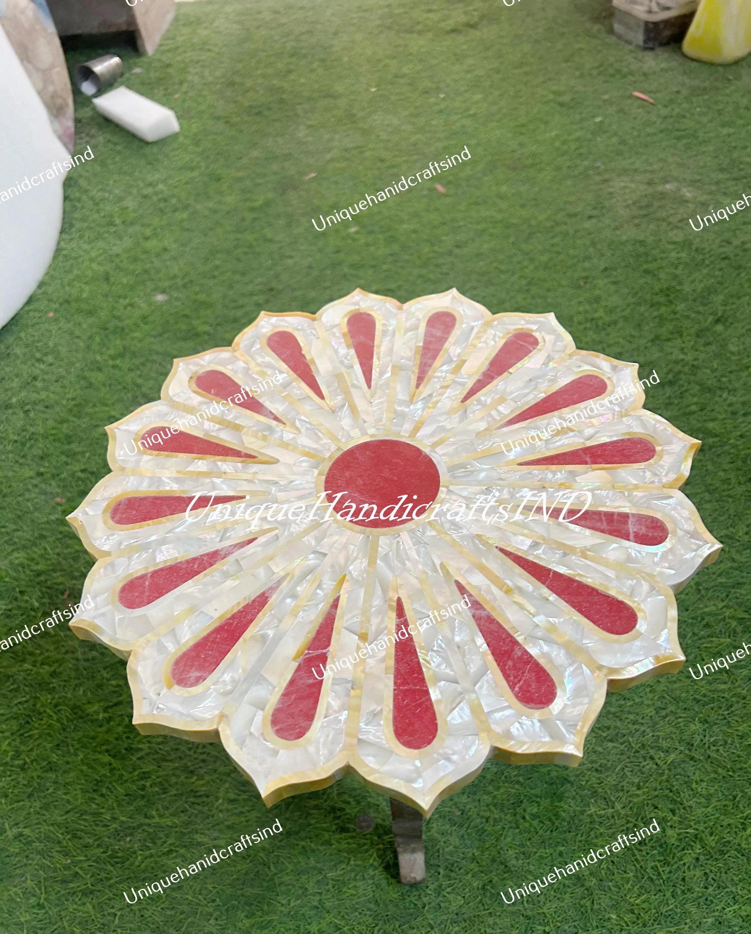 Modern Gemstone Coffee Table | Flower Shape Mother of Pearl Inlay | Luxury Stone Art Decor Unique Handicrafts IND