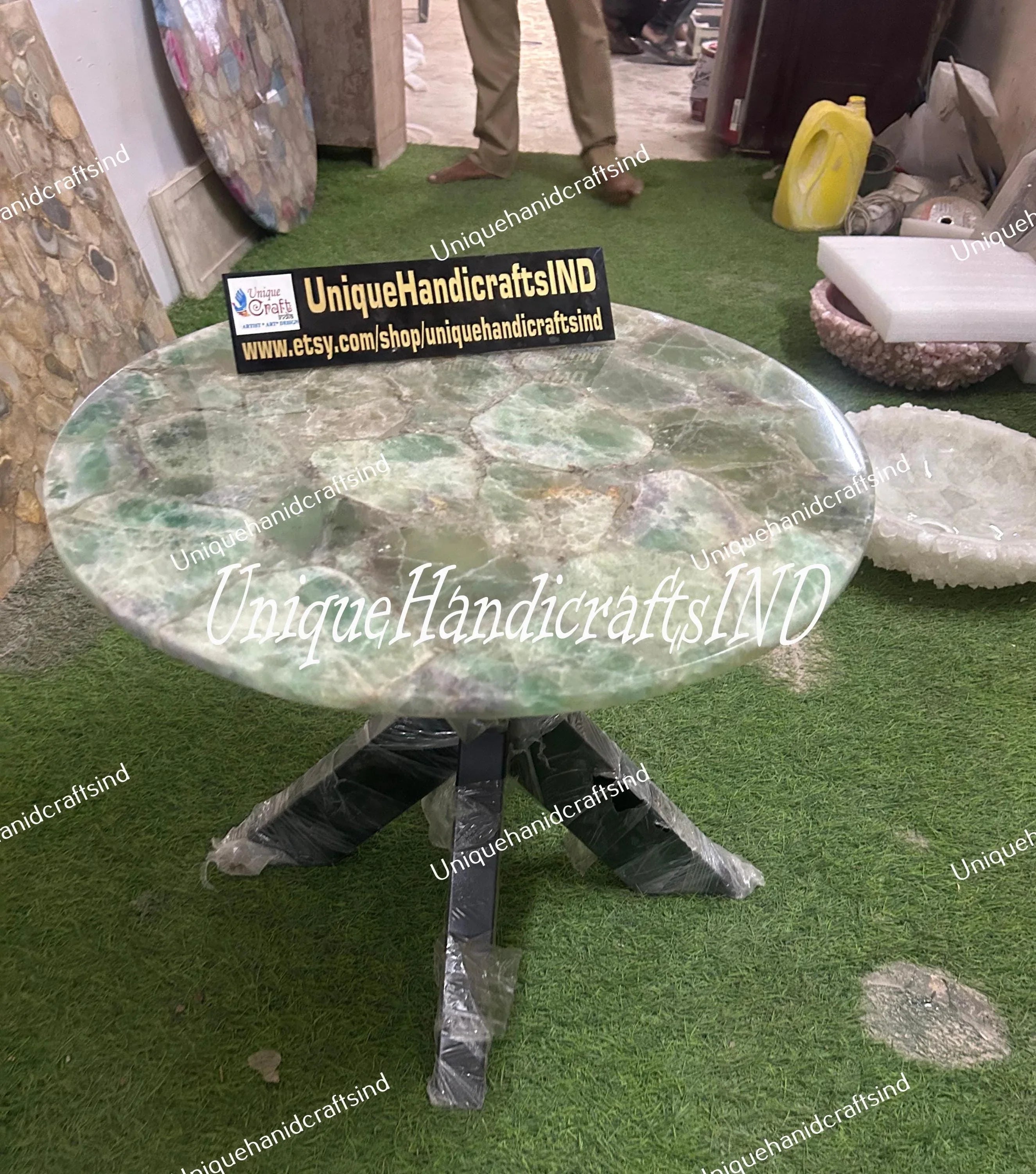 Unique Stone Coffee Table - Custom Made Fluorite Table - Semi-Precious Natural Stone Art - Mid Century Modern Furniture & New Home Gift Unique Handicrafts IND