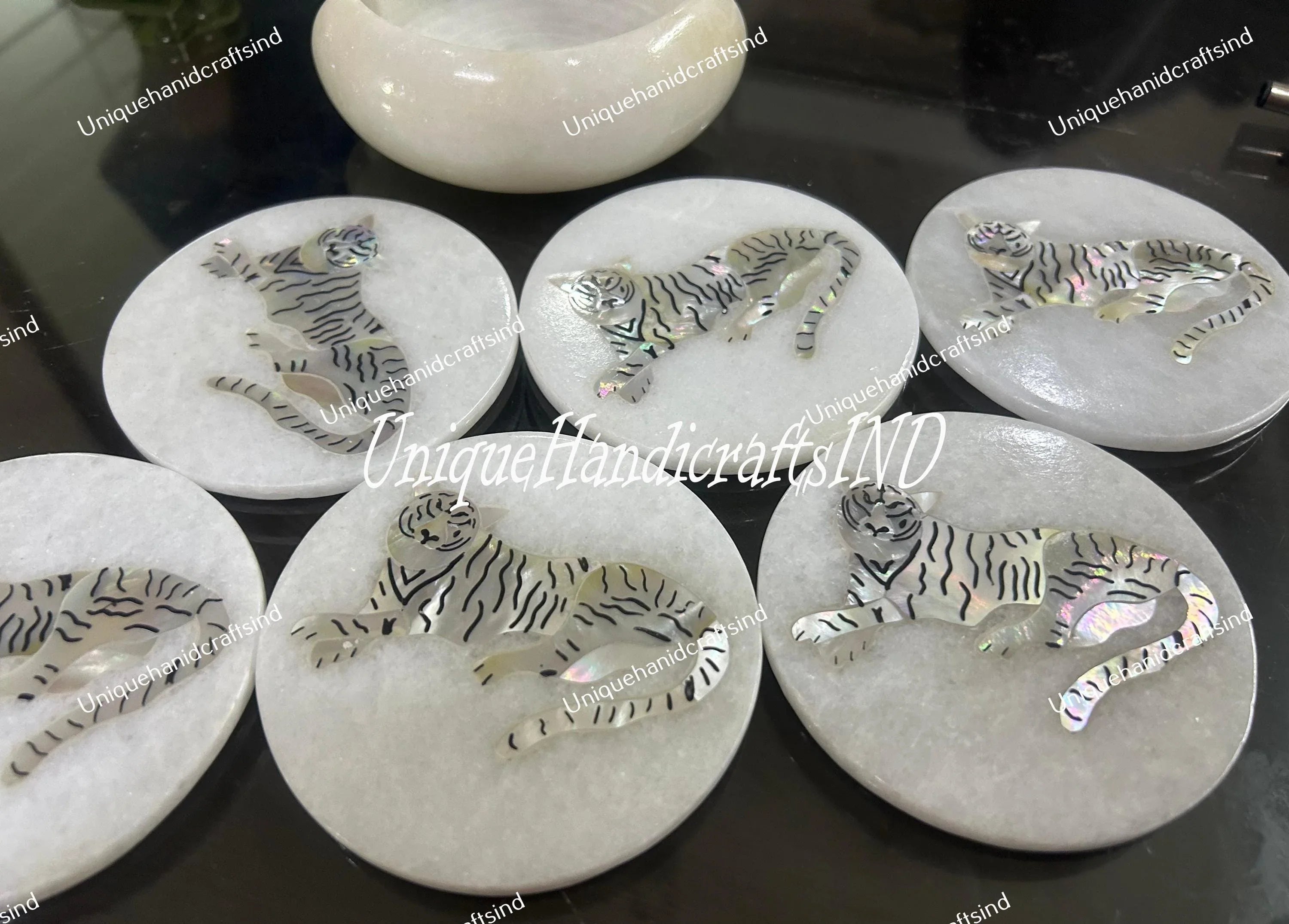 Marble Coaster Set with Tiger Inlay - Handmade Stone Drink Coasters with Holder - Mother of Pearl Art - Unique Gift for Him Unique Handicrafts IND