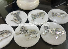 Marble Coaster Set with Tiger Inlay - Handmade Stone Drink Coasters with Holder - Mother of Pearl Art - Unique Gift for Him Unique Handicrafts IND